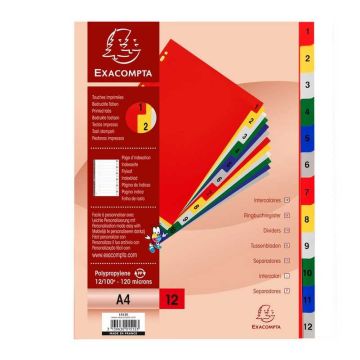 Jeu de 12 Intercalaires numériques en PP - Assortiment - 1 à 12 - 225 x 297 mm EXACOMPTA
