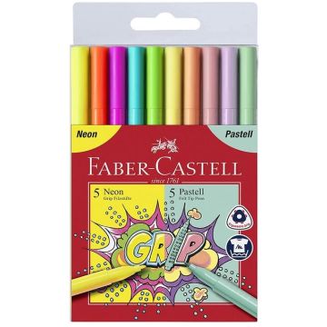 Étui de 10 Feutres - Assortiment Pastel et Fluo : FABER CASTELL Grip 