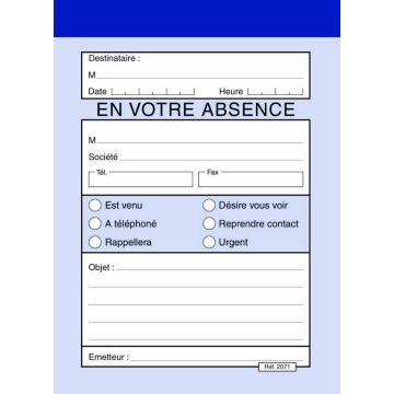 Bloc Message En votre Absence 140 x 105 mm : ELVE 2071