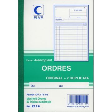 CARNET D'ORDRES : Carnet autocopiant Tripli - 210 x 140 mm 2114 Elve