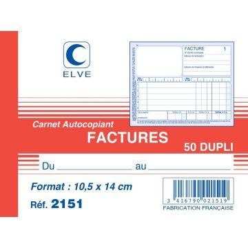 FACTURIER Carnet autocopiant Dupli - 140 x 105 mm  ELVE 2151