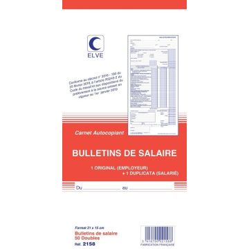 BULLETIN DE SALAIRE Carnet autocopiant ELVE 2158