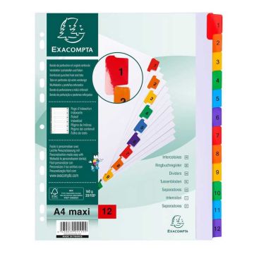 Jeu de 12 Intercalaires numériques avec touches couleurs - 1 à 12 - 245 x 297 mm A4 maxi : EXACOMPTA