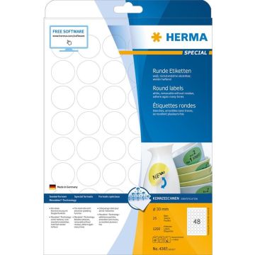 HERMA 4387 : Étiquettes adhésives blanches rondes Diamètre 30,0 mm