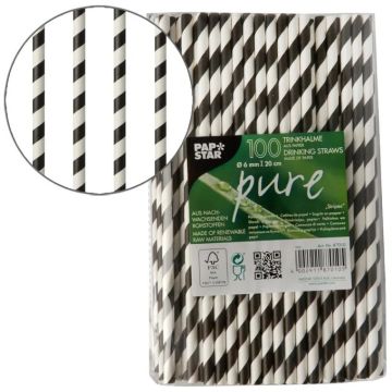 Pailles en papier - 200 mm - Noir/Blanc : PAP STAR Pure Stripes Lot de 100 Visuel