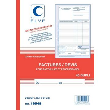 ELVE Carnet autocopiant Dupli Devis Facturier Auto-entrepreneur 19548