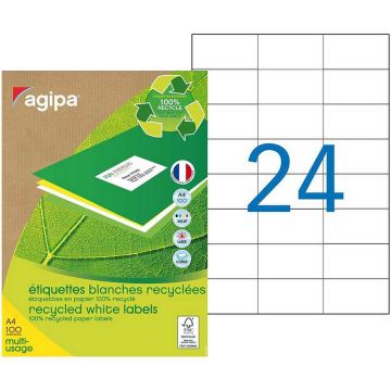 Étiquettes adhésives 70 x 37 mm Papier Recyclé Blanc AGIPA Lot de 2400