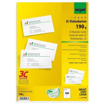 Photo SIGEL LP790 : Lot de 100 cartes de visite 3C extra blanches - 190 g - Exemple