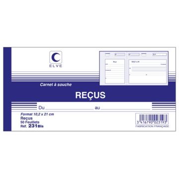 RECUS SANS TVA : Carnet avec souche (Elve) Modèle