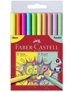 Étui de 10 Feutres - Assortiment Pastel et Fluo : FABER CASTELL Grip 