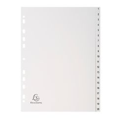 Jeu de 20 Intercalaires numériques en PP blanc - 1 à 20 - 225 x 297 mm EXACOMPTA