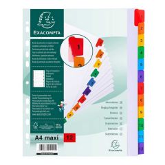 Jeu de 12 Intercalaires numériques avec touches couleurs - 1 à 12 - 245 x 297 mm A4 maxi : EXACOMPTA