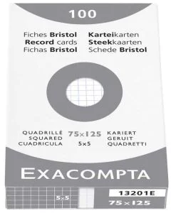 Lot de 100 Fiches Bristol - 75 x 125 mm - Blanc quadrillé EXACOMPTA 13201E
