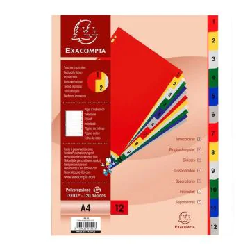 Jeu de 12 Intercalaires numériques en PP - Assortiment - 1 à 12 - 225 x 297 mm EXACOMPTA