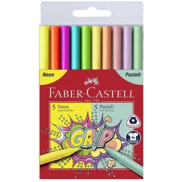 Étui de 10 Feutres - Assortiment Pastel et Fluo : FABER CASTELL Grip 