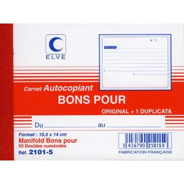 Carnet autocopiants Dupli - 105 x 140 mm - Bon Pour 21015 ELVE