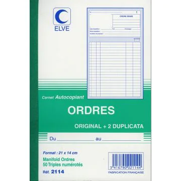 CARNET D'ORDRES : Carnet autocopiant Tripli - 210 x 140 mm 2114 Elve