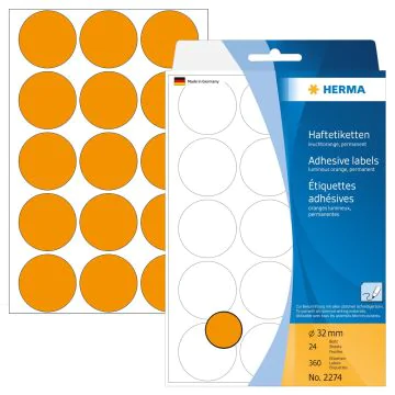 HERMA : étiquettes adhésives rondes - 32,0  mm - Orange fluo