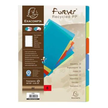 Jeu de 6 Intercalaires A4 en PP recyclé rigide - Assortiment EXACOMPTA