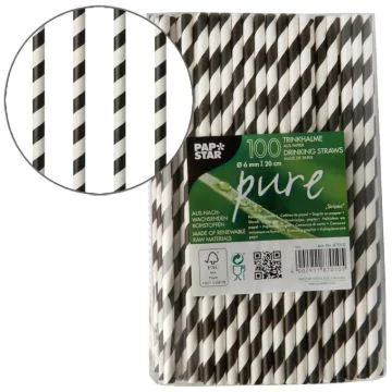 Pailles en papier - 200 mm - Noir/Blanc : PAP STAR Pure Stripes Lot de 100 Visuel