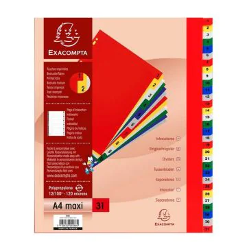 Jeu de 31 Intercalaires numériques en PP - Assortiment - 1 à 31 - 245 x 297 mm A4 maxi EXACOMPTA