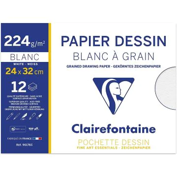12 feuilles de papier dessin à grain 224 g/m² - 240 x 320 mm - Blanc : CLAIREFONTAINE Visuel