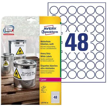 Photo Étiquettes ultra résistantes Diamètre 30 mm AVERY L4716-20 Lot de 960