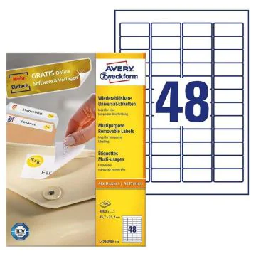Étiquettes amovibles blanches 45,7 x 21,2 mm AVERY L4736REV-100