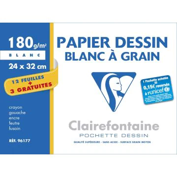 Pochette à dessin - 15 feuilles de papier blanc à grain - 96177C Clairefontaine