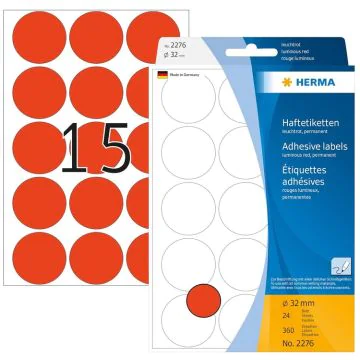 HERMA : Lot de 360 étiquettes adhésives rondes - 32,0  mm - Rouge fluo