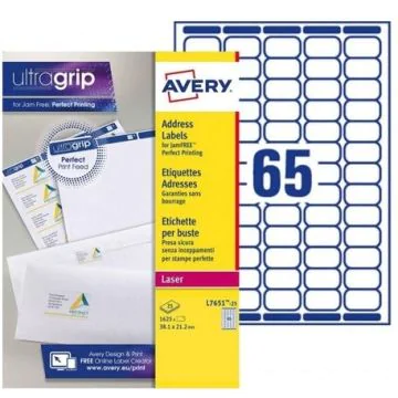 Mini-étiquettes - 38,1 x 21,2 mm - Blanc : AVERY L7651-25 photo