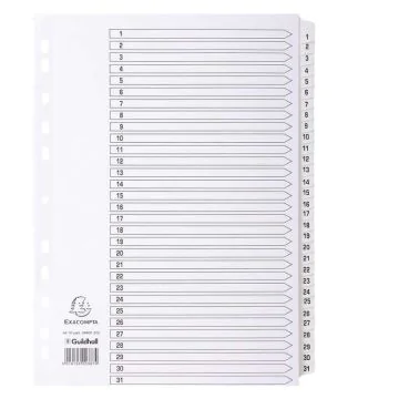 Jeu de 31 Intercalaires numériques en carte blanche - 1 à 31 - 223 x 297 mm : EXACOMPTA