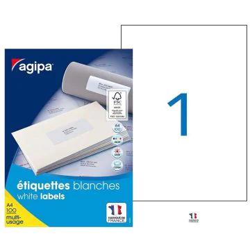 Photo Étiquettes 210 x 297 mm blanches adhésives : AGIPA 119004