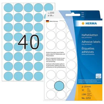 Photo HERMA : Lot de 1280 étiquettes adhésives rondes - 19,0  mm - Bleu