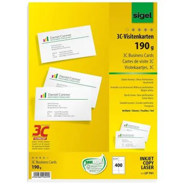 Photo SIGEL LP791 : Lot de 400 cartes de visite 3C extra blanches - 190 g