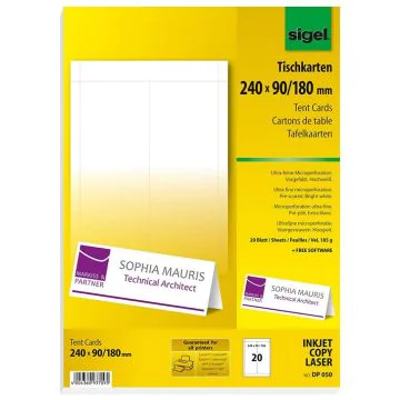 Photo DP050 Carte de table d'identification Personnalisable SIGEL emballage