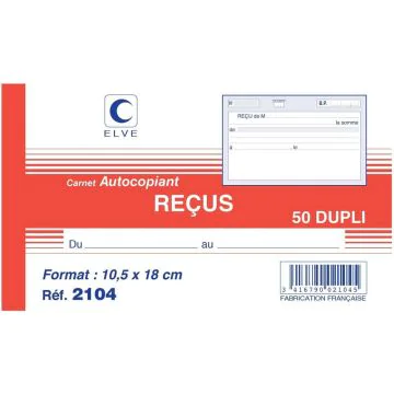 Photo REÇUS sans TVA - Carnet autocopiant Dupli - 105 x 180 mm ELVE
