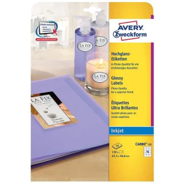 Visuel Étiquettes brillantes - 63,5 x 46,6 mm - Jet d'encre - Blanc AVERY