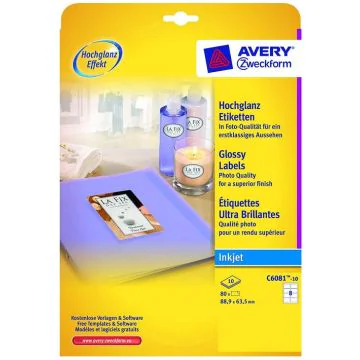 Visuel Étiquettes brillantes - 88,9 x 63,5 mm - Jet d'encre - Blanc AVERY