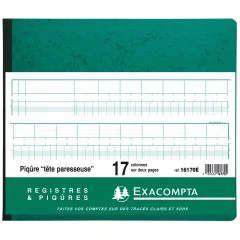 EXACOMPTA 16170E  : Registre à têtes paresseuses - 17 colonnes sur 2 pages - 270 x 320 mm (Journal couverture)