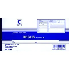 RECUS AVEC TVA Carnet à souche ELVE 231