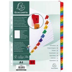 Jeu de 31 Intercalaires numériques avec touches couleurs - 1 à 31 - 225 x 297 mm : EXACOMPTA
