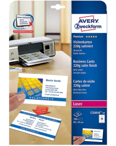 photo AVERY C32016-10 : Lot de 100 cartes de visite blanc satiné - 220g m²