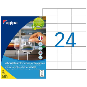 Image Etiquettes adhésives amovibles - 70 x 37 mm - Blanc AGIPA