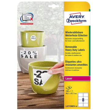 Photo Étiquettes ultra résistantes amovibles 99,1 x 67,7 mm AVERY L4715REV-20 