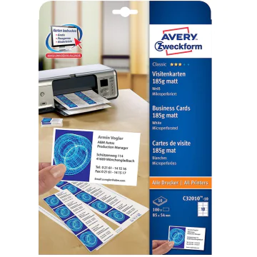 Photo AVERY C32010-10 Cartes de visite blanc mat - 185 g