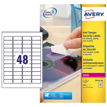 Photo Étiquettes adhésives de sécurité en film plastifié - Blanc - 45,7 x 21,2 mm AVERY L6113-20